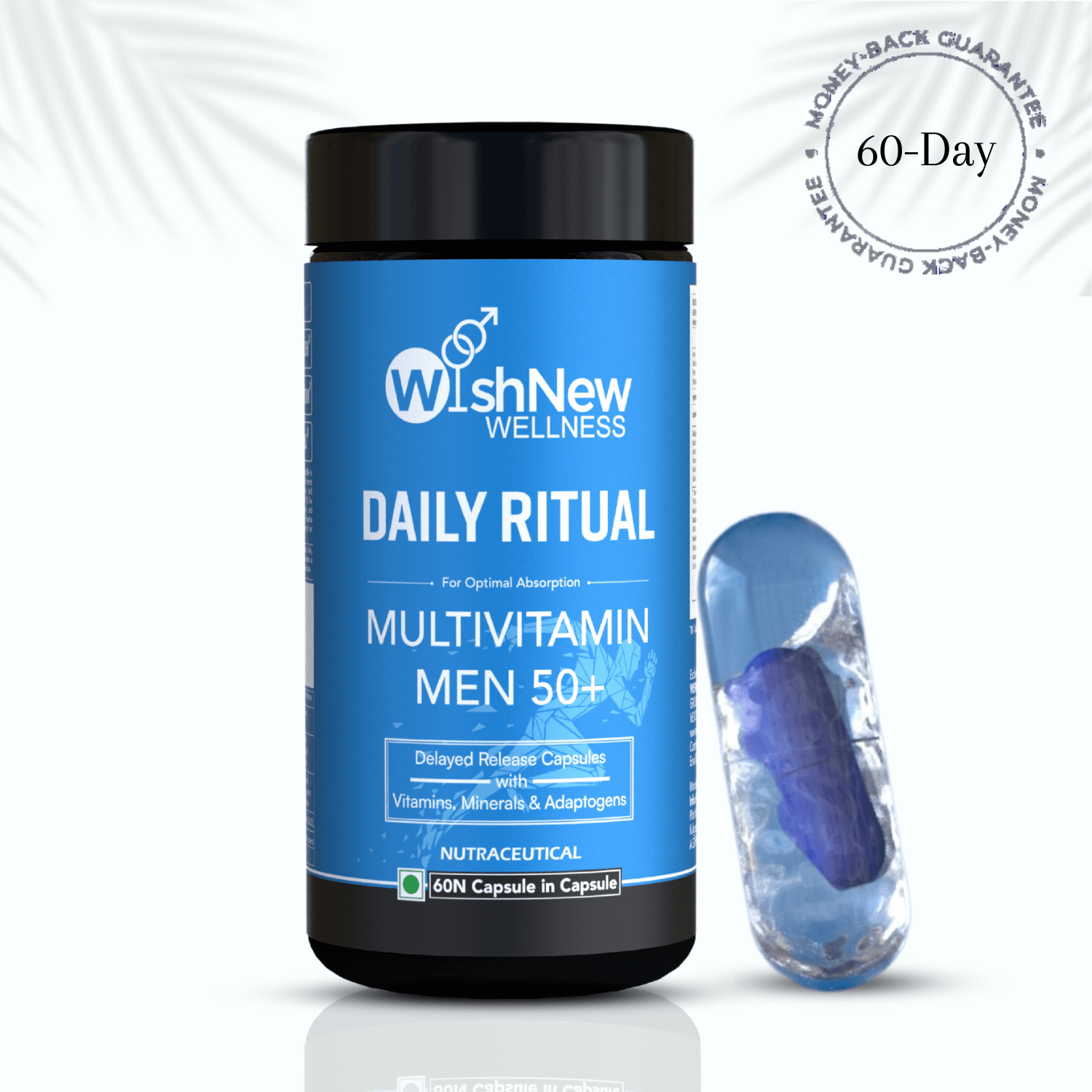 WishNew Wellness Daily Ritual Multivitamin Men 50+ bottle with a close-up of the capsule-in-capsule design. Features a '60-Day Money-Back Guarantee' badge and a clean background with subtle palm accents.