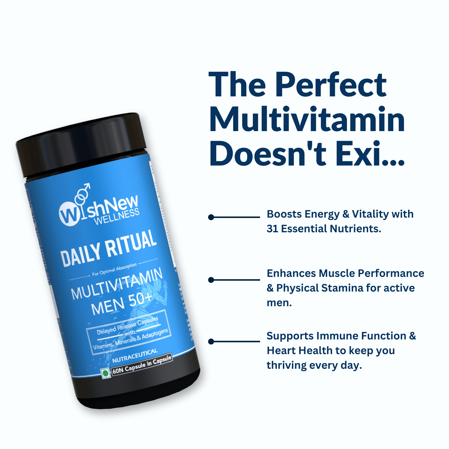 Promotional graphic for WishNew Wellness Daily Ritual Multivitamin Men 50+ with the playful headline 'The Perfect Multivitamin Doesn't Exi...' Features a tilted blue bottle of the product and key benefits: Boosts Energy & Vitality with 31 Essential Nutrients, Enhances Muscle Performance & Physical Stamina, and Supports Immune Function & Heart Health. Clean and modern layout highlights the product's comprehensive health advantages.