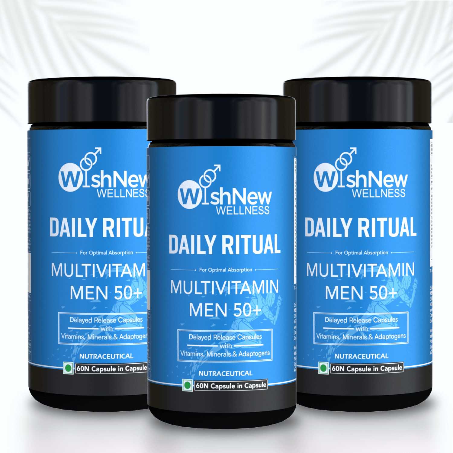 Image showcasing three bottles of WishNew Wellness Daily Ritual Multivitamin Men 50+, arranged side by side with a slight overlap. The vibrant blue packaging highlights features such as delayed-release capsules with vitamins, minerals, and adaptogens. The clean white background with subtle palm leaf accents conveys a fresh and natural aesthetic.