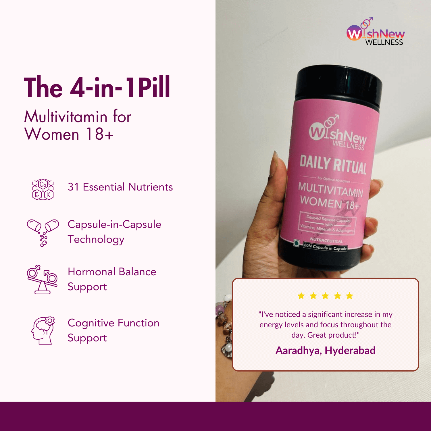 Highlighting the 4-in-1 Daily Ritual Multivitamin for Women 18+ with 31 essential nutrients, capsule-in-capsule technology, hormonal balance support, cognitive function support, and a testimonial from Aaradhya, Hyderabad praising energy and focus benefits.