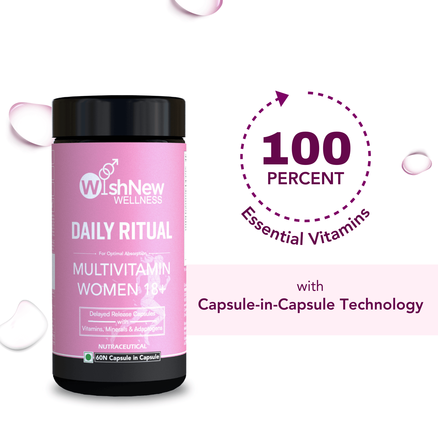 WishNew Wellness Daily Ritual Multivitamin Women 18+ featuring 100% essential vitamins with advanced capsule-in-capsule technology for optimal absorption.