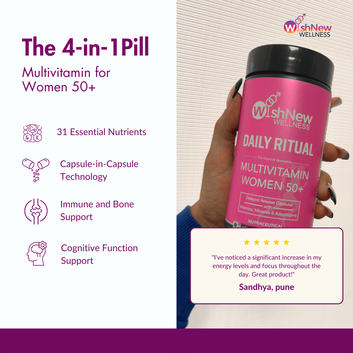 Highlighting the 4-in-1 Daily Ritual Multivitamin for Women 50+ with 31 essential nutrients, capsule-in-capsule technology, immune and bone support, cognitive function support, and a testimonial from Sandhya, Pune praising energy and focus benefits.