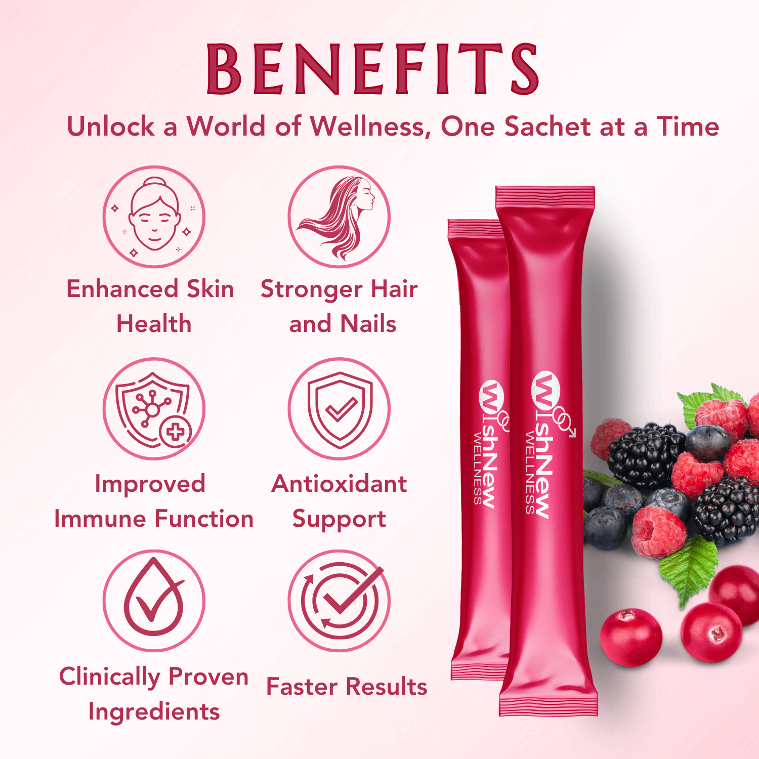 Benefits: Healthy skin, stronger hair, improved immunity, antioxidants, proven ingredients, faster results.