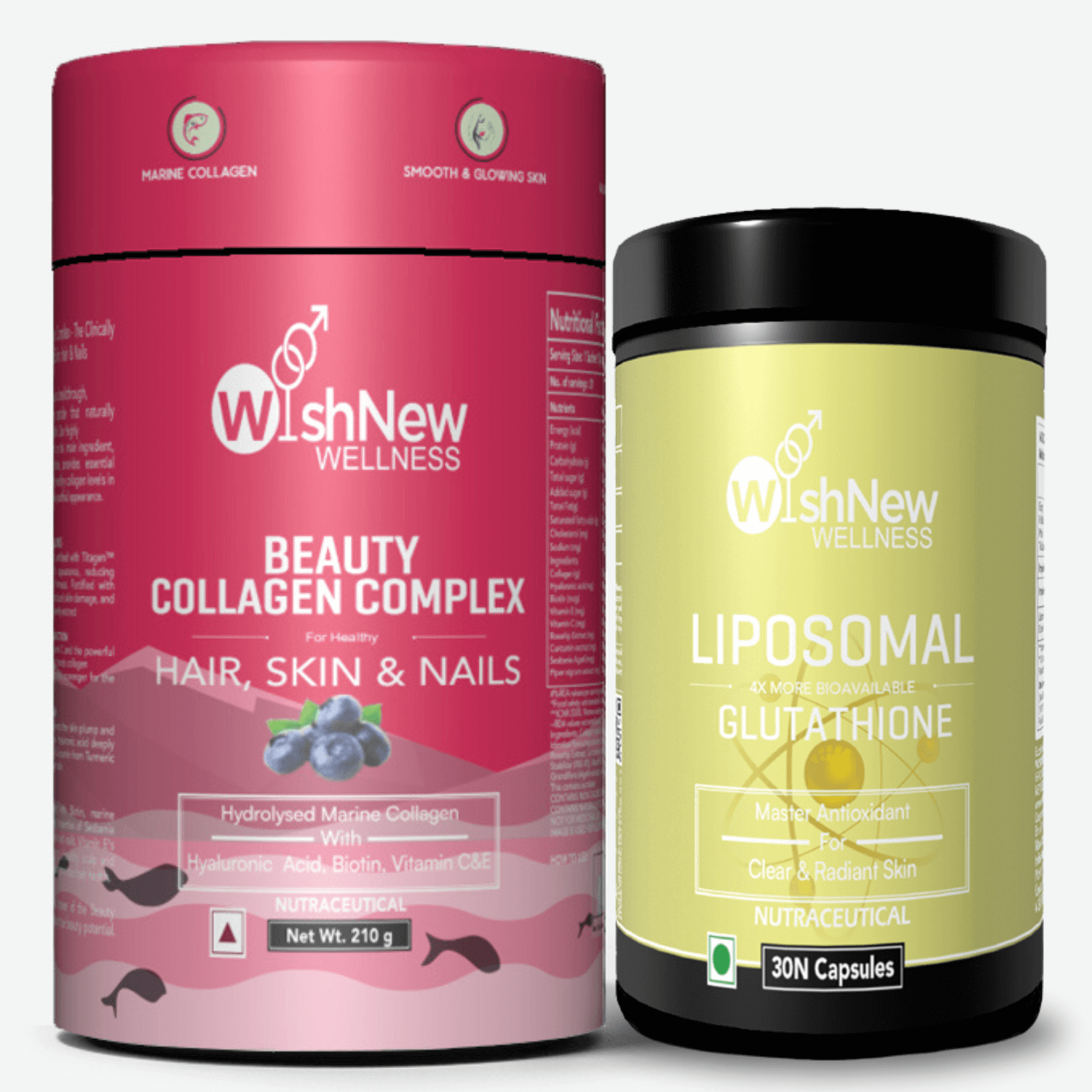 Two WishNew Wellness products: 'Beauty Collagen Complex' for healthy hair, skin, and nails, with marine collagen, hyaluronic acid, and vitamins; and 'Liposomal Glutathione', a master antioxidant for clear and radiant skin.