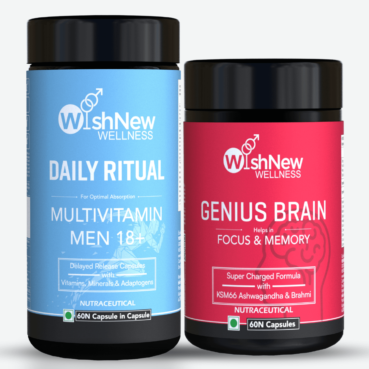 Two WishNew Wellness products: 'Daily Ritual Multivitamin Men 18+' for optimal absorption, featuring vitamins and adaptogens; and 'Genius Brain' supplement designed for focus and memory enhancement, with KSM66 Ashwagandha and Brahmi.