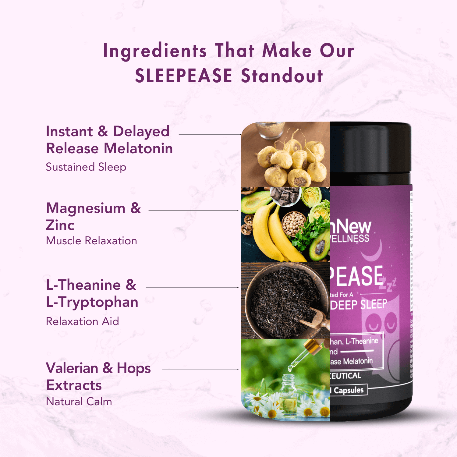 **Alt text:**
Infographic for WishNew Wellness Sleepease supplement highlighting key ingredients: instant & delayed release melatonin for sustained sleep, magnesium & zinc for muscle relaxation, L-theanine & L-tryptophan as relaxation aids, and valerian & hops extracts for natural calm. The right side of the image shows half of the Sleepease bottle with ingredient images in vertical strips. Background is light pink with a subtle marble pattern.
