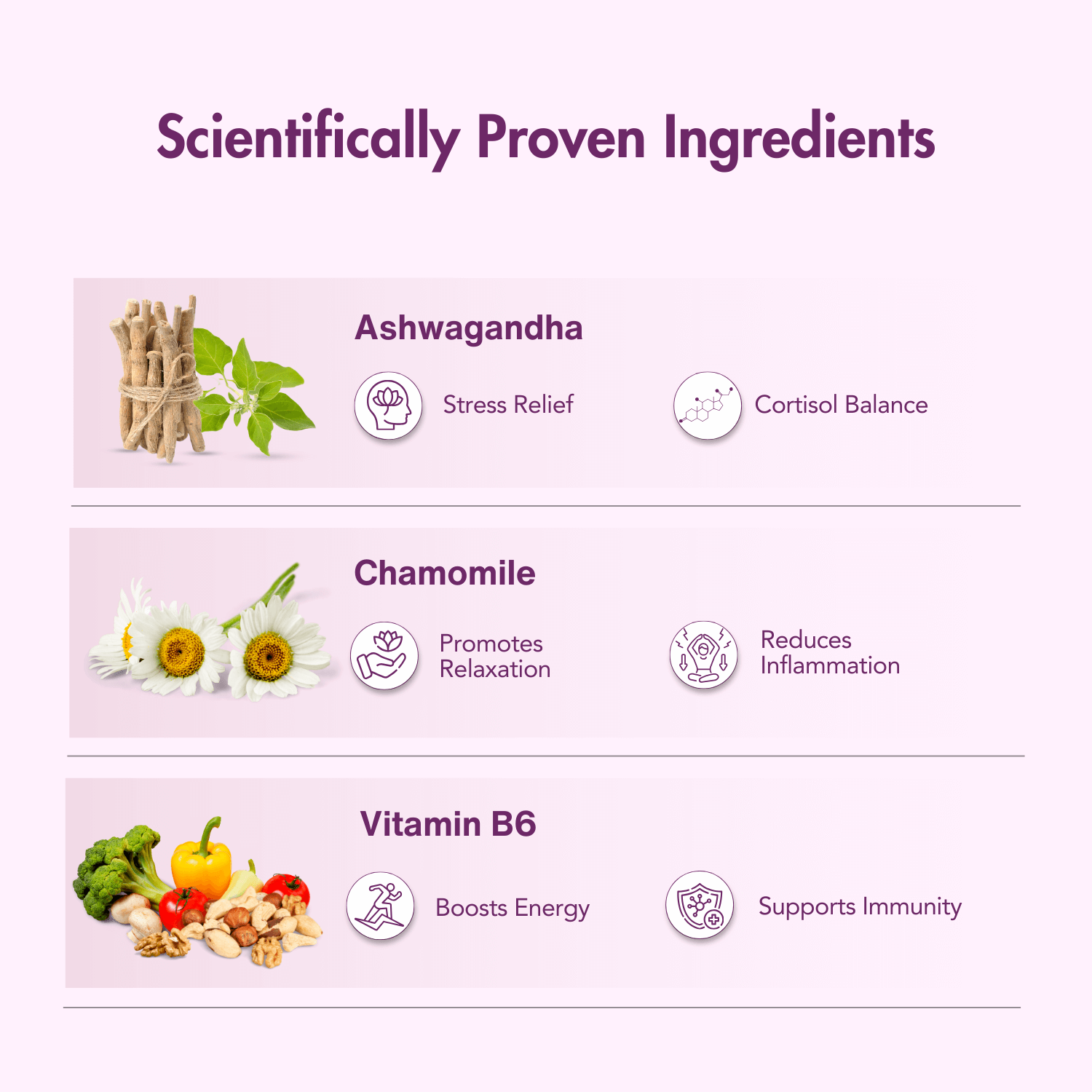 Infographic titled "Scientifically Proven Ingredients" with images and benefits of three key ingredients. Ashwagandha: shown as a bundle of roots, benefits include stress relief and cortisol balance. Chamomile: shown as white flowers, promotes relaxation and reduces inflammation. Vitamin B6: shown as assorted vegetables and nuts, boosts energy and supports immunity. Light purple background with icons and bold text for each benefit.