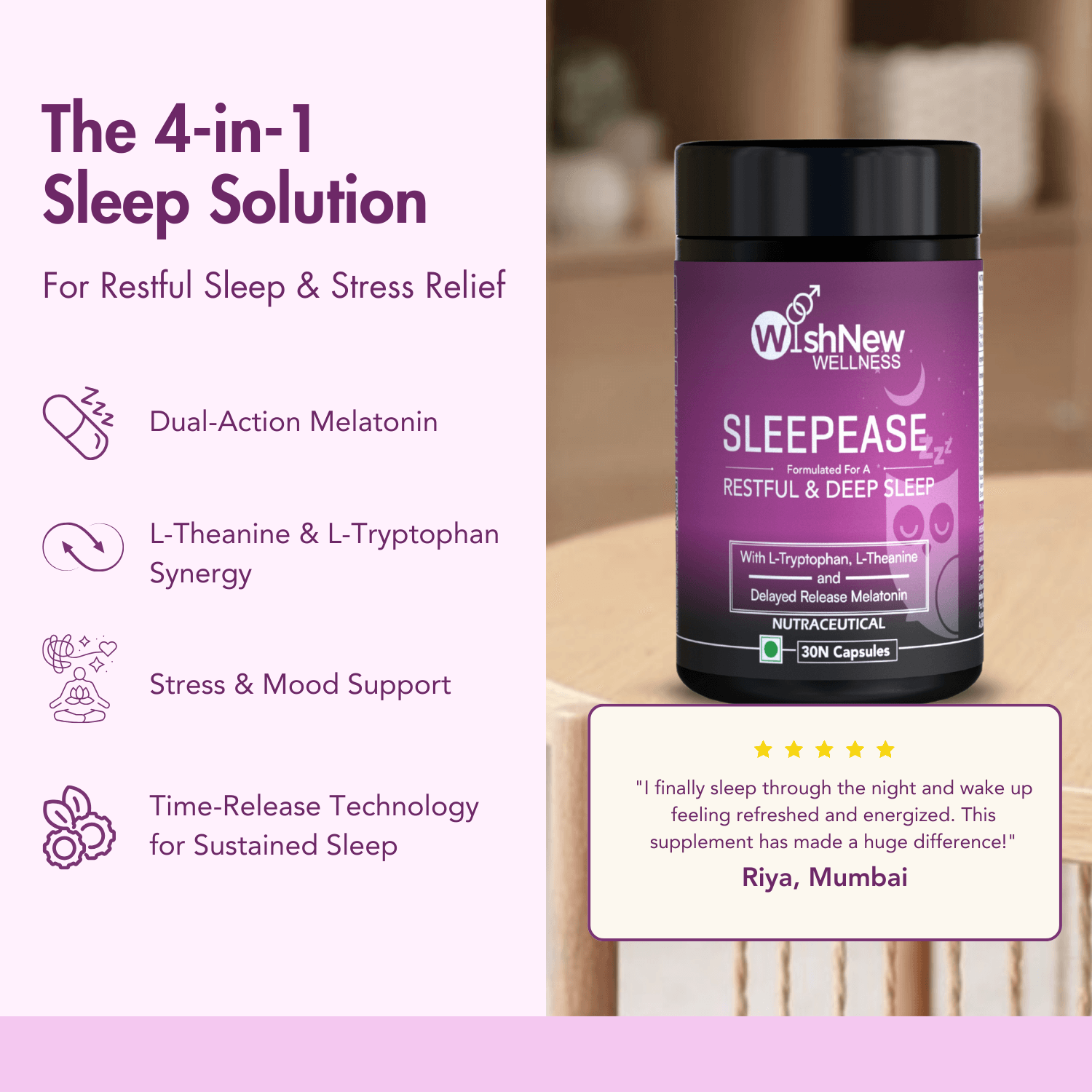 SleepEase" is a 4-in-1 solution that combines Dual-Action Melatonin, L-Theanine & L-Tryptophan Synergy for stress relief and mood support. Its Time-Release Technology ensures sustained sleep, helping users sleep deeply through the night. A user testimonial highlights its effectiveness in promoting restful sleep and refreshing mornings.