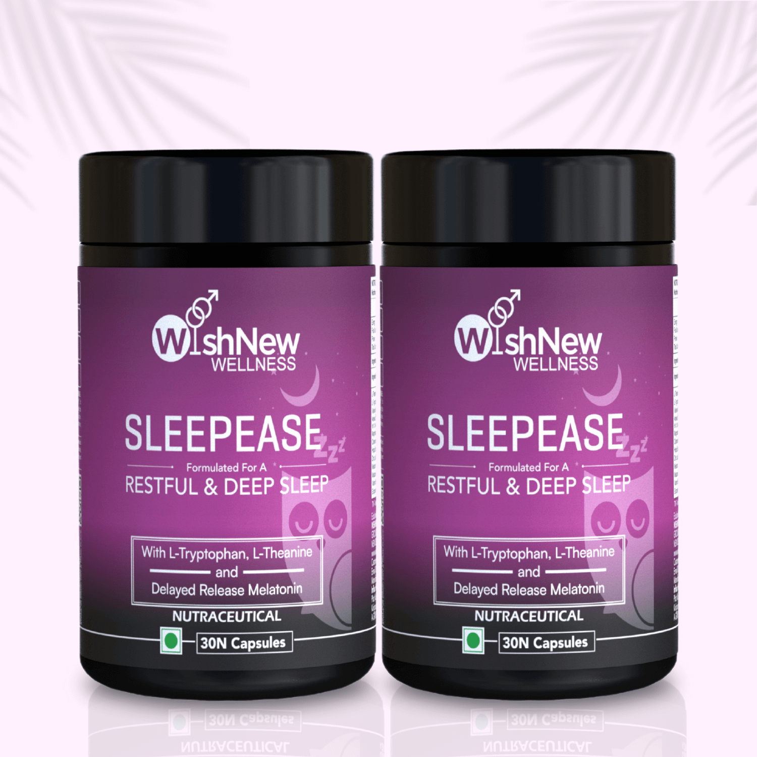 The image displays two bottles of "SleepEase," a supplement formulated for restful and deep sleep, with L-Tryptophan, L-Theanine, and Delayed Release Melatonin. Each bottle contains 30 capsules.