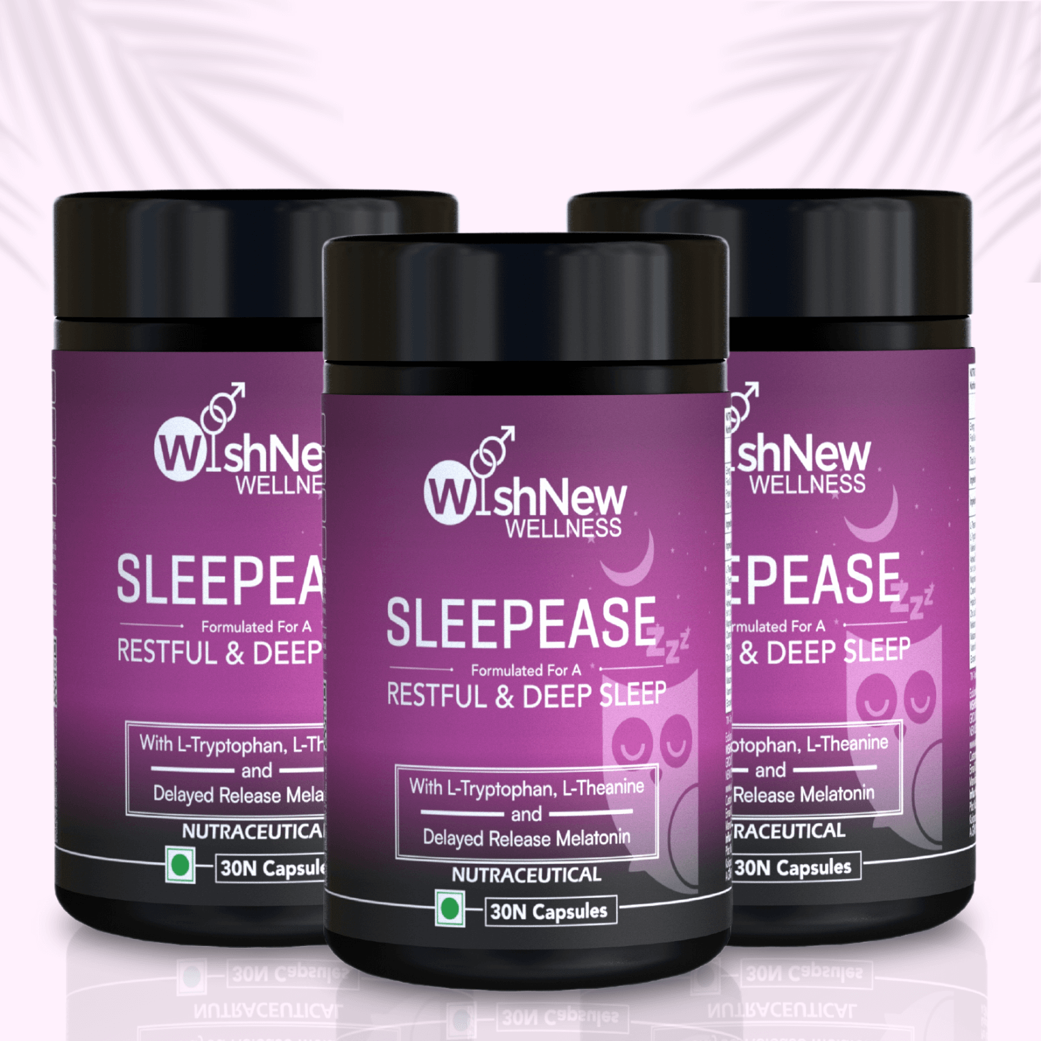 The image shows three bottles of "SleepEase," a supplement designed for restful and deep sleep. Each bottle contains 30 capsules, and the supplement is formulated with L-Tryptophan, L-Theanine, and Delayed Release Melatonin.