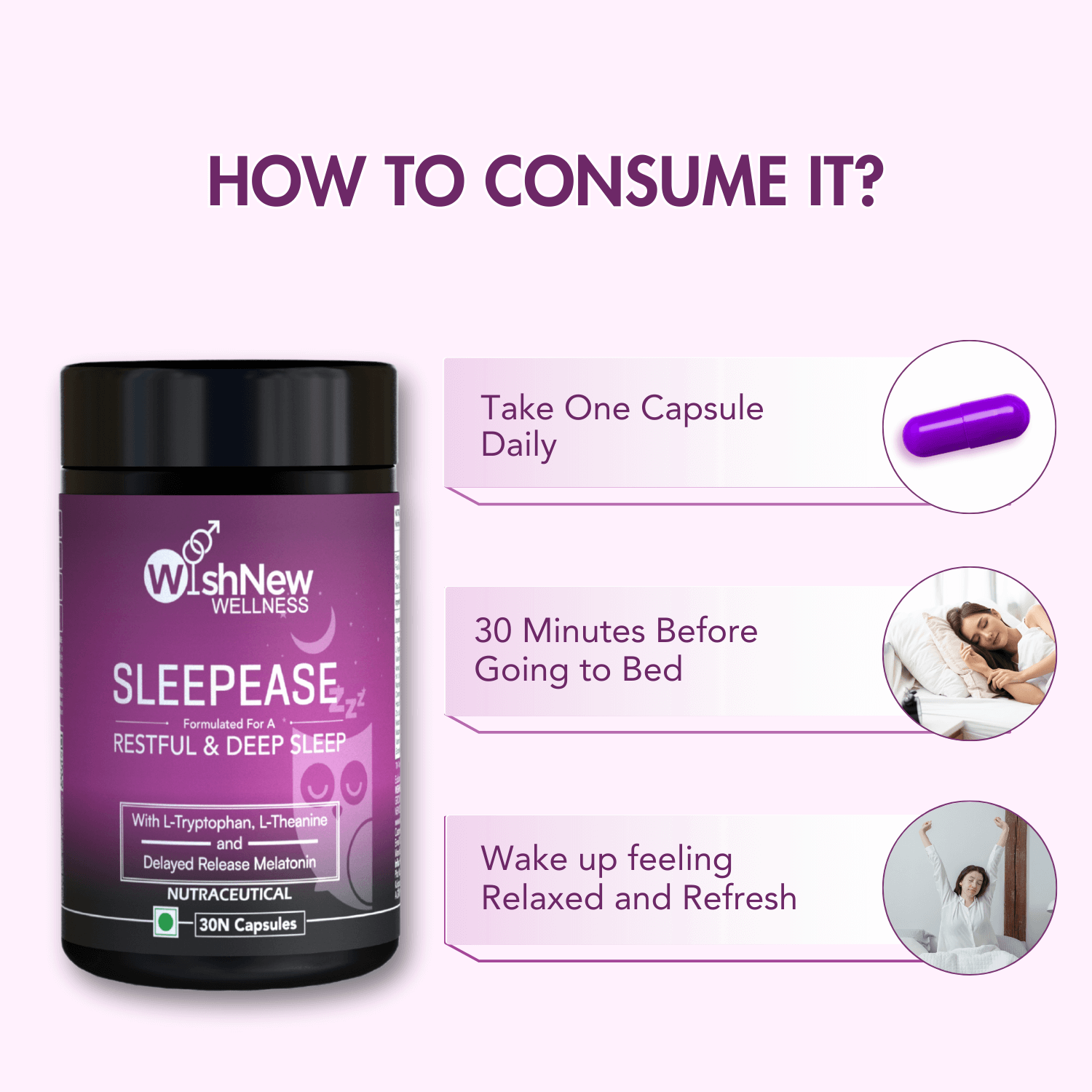 Infographic titled 'How to Consume It?' for WishNew Wellness SleepEase. Instructions include taking one capsule daily, 30 minutes before going to bed, and waking up feeling relaxed and refreshed. The image features the product bottle and visual cues for each step.