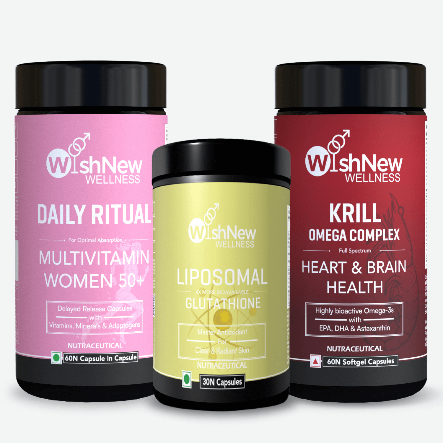 Three WishNew Wellness products: 'Daily Ritual Multivitamin Women 50+' for optimal absorption with vitamins and adaptogens, 'Liposomal Glutathione' for clear and radiant skin, and 'Krill Omega Complex' for heart and brain health with EPA, DHA, and astaxanthin.