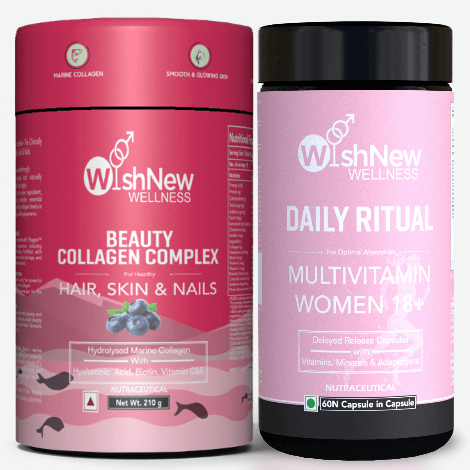 Two WishNew Wellness bottles: 'Beauty Collagen Complex' for hair, skin, and nails, with marine collagen and vitamins; and 'Daily Ritual Multivitamin Women 18+' for optimal absorption with vitamins, minerals, and adaptogens.