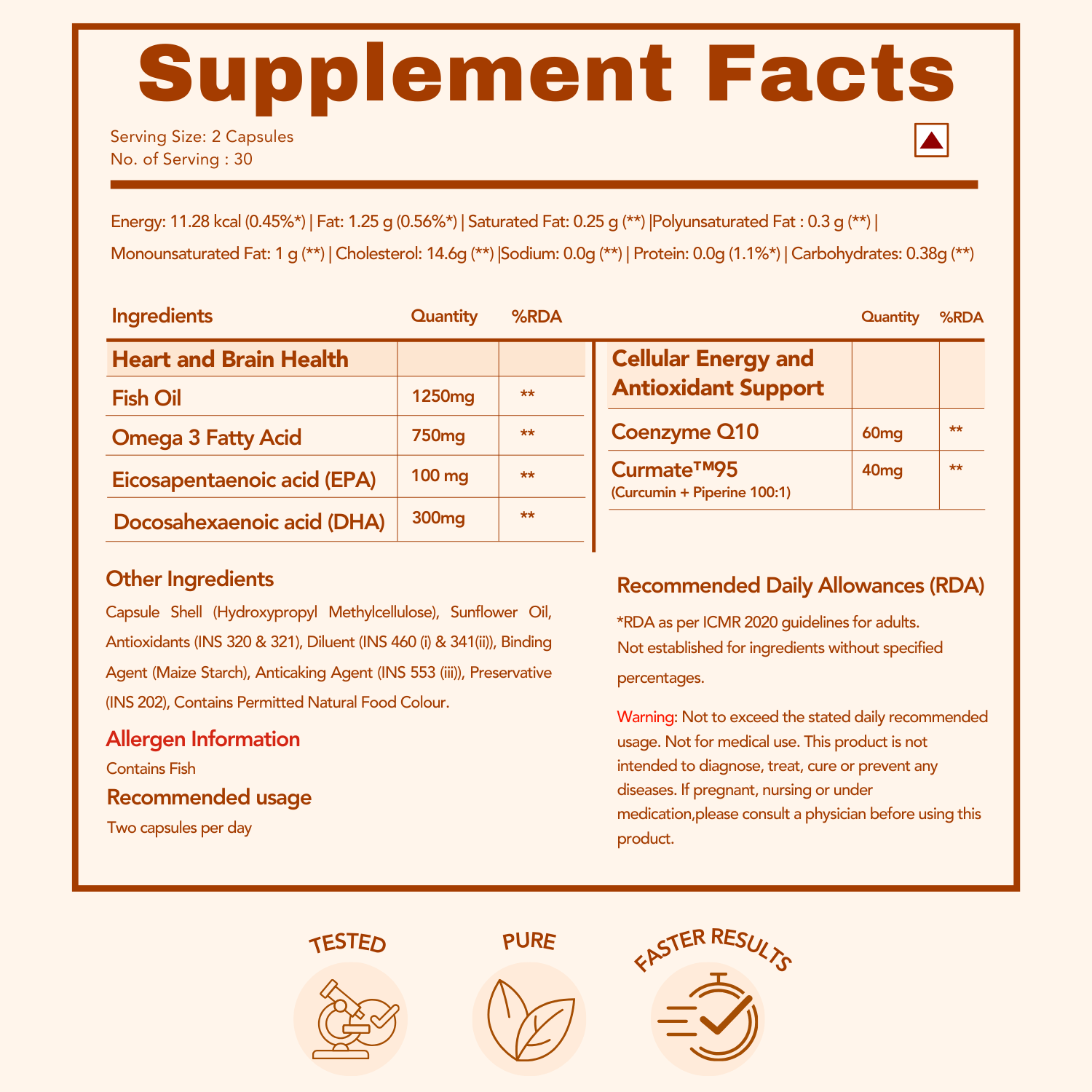 Supplement facts highlighting Omega-3, CoQ10, and Curcumin benefits with recommended daily dosage.